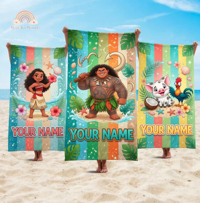 Custom Moana Beach Towel, Moana Pua Maui Bath Towel, Moana Characters Tropical Towel, Summer Towel, Disneyland Beach Towel, Moana 2 Movie image 1