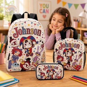 Custom The Amazing Digital Circus School Backpack Bundle, Digital Circus Characters Book Bag with Lunch Bag and Pencil Pouch