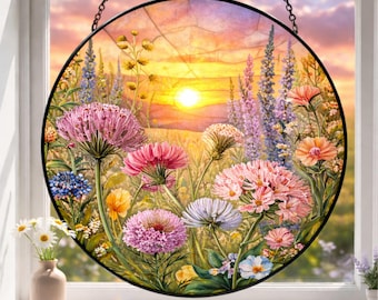 Wildflowers Stained Glass Suncatcher, Wildflowers Window Hanging, Colorful Wildflowers Garden Suncatcher, Floral Glass Art, Gift for Mom