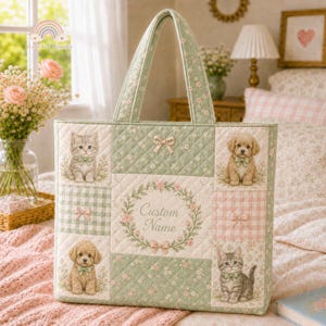 Custom Name Yellow Pastel Puppy Quilted Tote Bag, Cute Dog Flower Bow Personalized Patchwork Bag