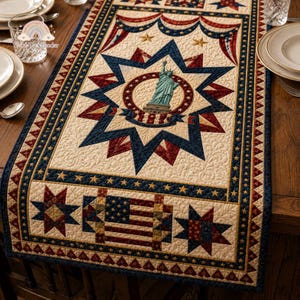 May include: Quilted table runner with a patriotic theme. Features a central design of the Statue of Liberty within a starburst, surrounded by red, white, and blue stars and stripes. The runner is cream-colored with a navy blue border.