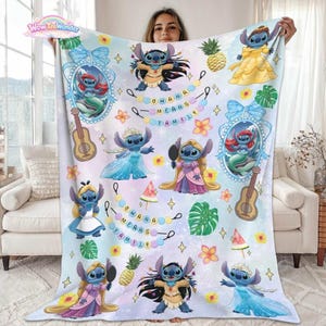 Watercolor Funny Stitch Blanket, Coquette Bows Lilo & Stitch Blanket,Cute Stitch Disneyworld Blanket, Birthday Girl Gift Blanket image 1