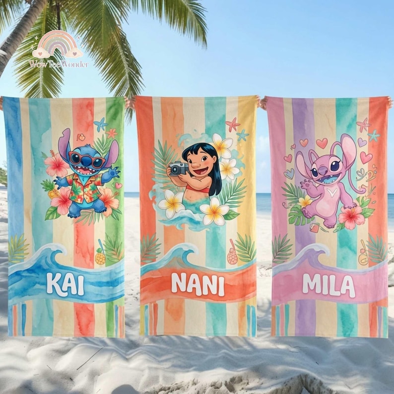 Custom Stich Beach Towel, Custom Lilo & Stitch Characters Beach Towel, Kids Towel, Birthday Gift, Personalized Summer Bath Towel image 1