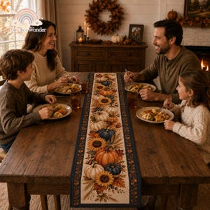 May include: A rectangular table runner featuring a central print of orange pumpkins, yellow sunflowers, and autumn leaves on a light beige background, framed by a dark navy blue border with a repeating pattern of small orange and yellow flowers.