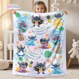 Watercolor Funny Stitch Blanket, Coquette Bows Lilo & Stitch Blanket,Cute Stitch Disneyworld Blanket, Birthday Girl Gift Blanket image 3