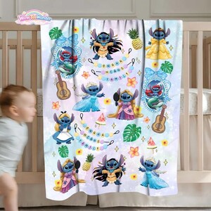 Watercolor Funny Stitch Blanket, Coquette Bows Lilo & Stitch Blanket,Cute Stitch Disneyworld Blanket, Birthday Girl Gift Blanket image 4