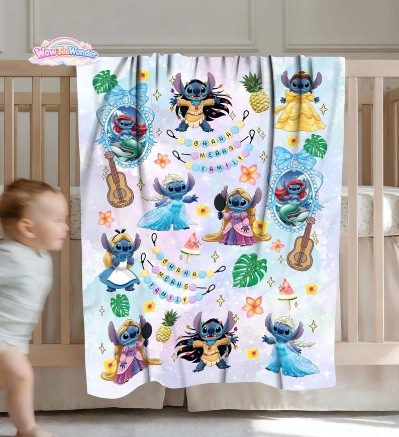 Watercolor Funny Stitch Blanket, Coquette Bows Lilo & Stitch Blanket,Cute Stitch Disneyworld Blanket, Birthday Girl Gift Blanket image 4