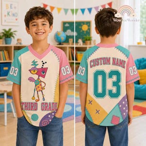 Zooble Football Jersey, Custom Name Back Number Shirt, Robot Patchwork Design, School Year Tee, Gift for 3rd Grader, TADC Shirt