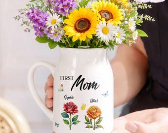 Custom First Mom Now Grandma Ceramic Flower Vase,Mothers Day Gift,Grandmas Garden Vase,Birth Month Flower Vase,Birthday Gift for Mom Nana