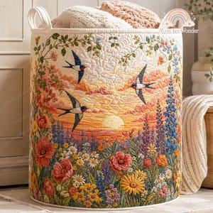 May include: A cylindrical quilted fabric storage basket featuring a vibrant sunset landscape with three flying swallows, blooming red poppies, yellow daisies, and purple lupines. The cream-colored background displays a detailed stitched texture.
