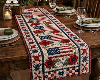 American Flag Floral Runner, Red Poppy USA Flag Table Runner, 4th of July Memorial Day Decor, Fourth of July Decor, Patriotic Dining Decor