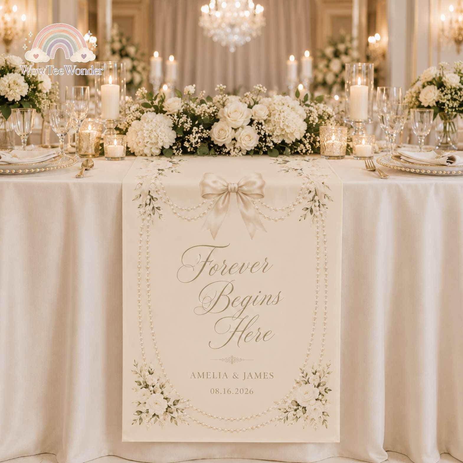 Personalized Minimalist Wedding Table Runner, Custom Floral Sweetheart Table Decor, Fabric Table Banner, Reception Party Sign