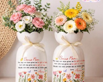Bonus Mom Flower Vase, Personalized Mom Gift, Custom Name Vase, Mother'S Day Gift For Step Mom, Floral Keepsake, Mother's Day Gift