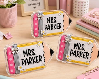 Personalized Pencil Acrylic Desk Sign, Custom Teacher Name Plate, Classroom Decor, Colorful Office Desk Plaque