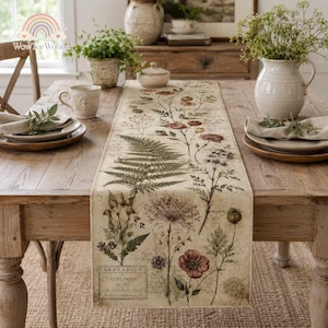 May include: A long rectangular table runner featuring a vintage-style botanical print with various ferns, wildflowers, and script text. The design includes a rectangular box labeled Herbarium Specimen No. 1887, printed on a light beige fabric background.