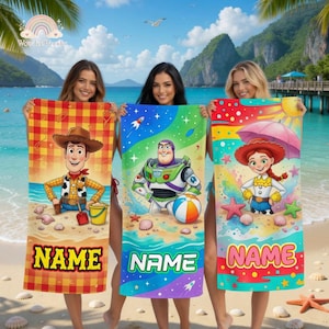 Custom Toy Story Beach Towel, Personalized Pixar Cartoon Kids Beach Towel, Woody Buzz Lightyear Summer Towel image 1
