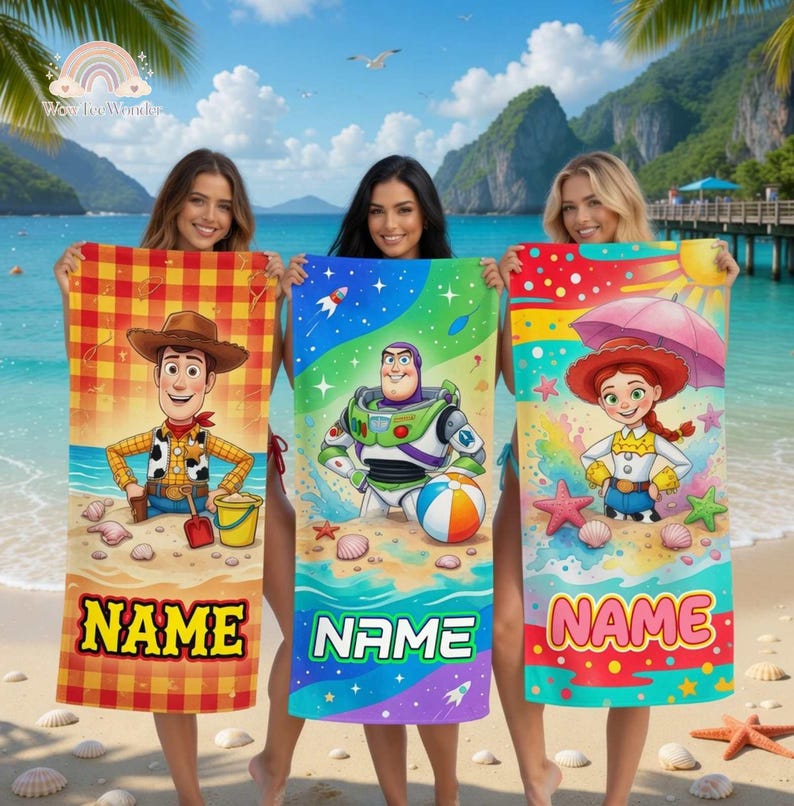 Custom Toy Story Beach Towel, Personalized Pixar Cartoon Kids Beach Towel, Woody Buzz Lightyear Summer Towel image 1