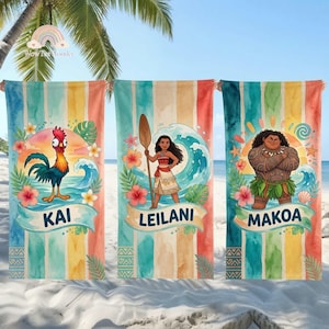 Custom Name Moana Maui Hei Hei Summer Towel, Personalized Moana Beach Towel, Polynesian Princess Kids Pool Towel image 1