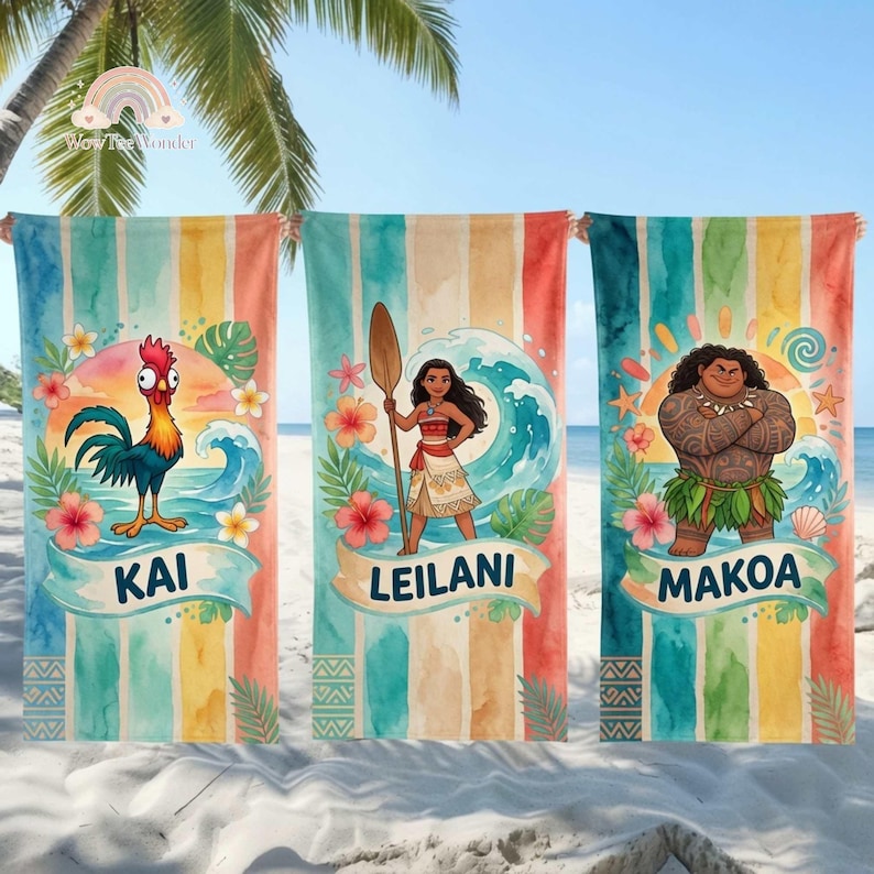Custom Name Moana Maui Hei Hei Summer Towel, Personalized Moana Beach Towel, Polynesian Princess Kids Pool Towel image 1