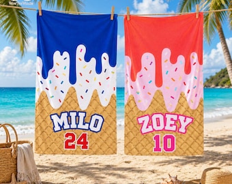 Kids Personalized Ice Cream Softball Towel, Custom Name Beach Towel, for Little Kids’ Summer Pool and Colorful, Fun Beach Vacation Getaway