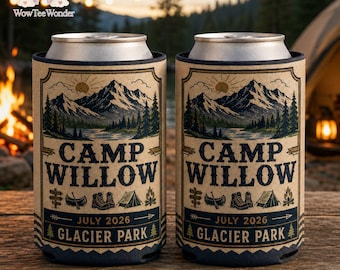 Custom Camping Can Cooler, Camper Drink Holder, Mountain Lake Can Sleeve, Outdoor Adventure Gift, Camping Trip Party Favors