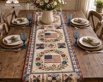 Camino de mesa floral con la bandera estadounidense, camino de mesa patriótico con la libertad, decoración de mesa para el 4 de julio, decoración vintage para celebraciones estadounidenses.