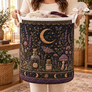 Dark Celestial Mushroom Moon Witchy Quilted Laundry Basket, Mushroom Decor Nature Hamper, Laundry Gift For Her