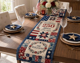 Personalized America 250 Years Of Freedom Printed Quilt Table Runner, Custom Name USA 250th Anniversary Tabledecor, 4th Of July