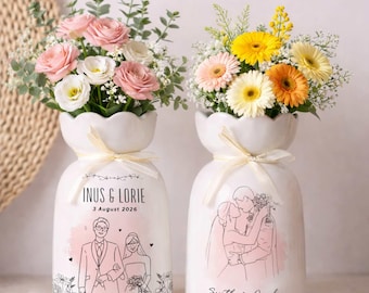 Custom Picture Ceramic Flower Vase, Custom Line Portrait, Couple Drawing, Anniversary Gift for Wife, Wedding Gift for Couple, Wedding Gift
