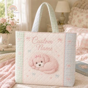 Personalized Pastel Sleepy Puppy Quilted Tote Bag, Cute Dog Cloud Bow Custom Name Shoulder Bag