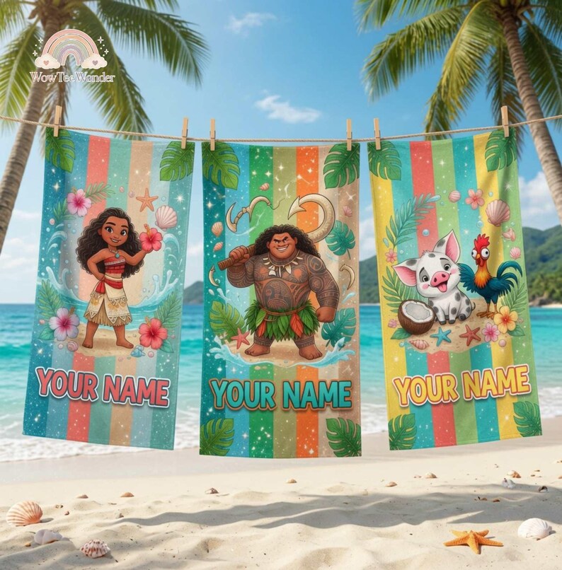 Custom Moana Beach Towel, Moana Pua Maui Bath Towel, Moana Characters Tropical Towel, Summer Towel, Disneyland Beach Towel, Moana 2 Movie image 2