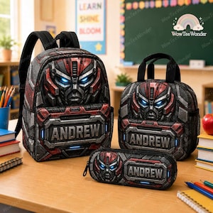Megatron Personalized Backpack Set, Custom Transformer School Backpack, Decepticon Robot Bookbag Lunch Bag Pencil Case