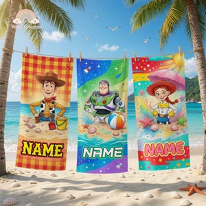 Custom Toy Story Beach Towel, Personalized Pixar Cartoon Kids Beach Towel, Woody Buzz Lightyear Summer Towel image 2
