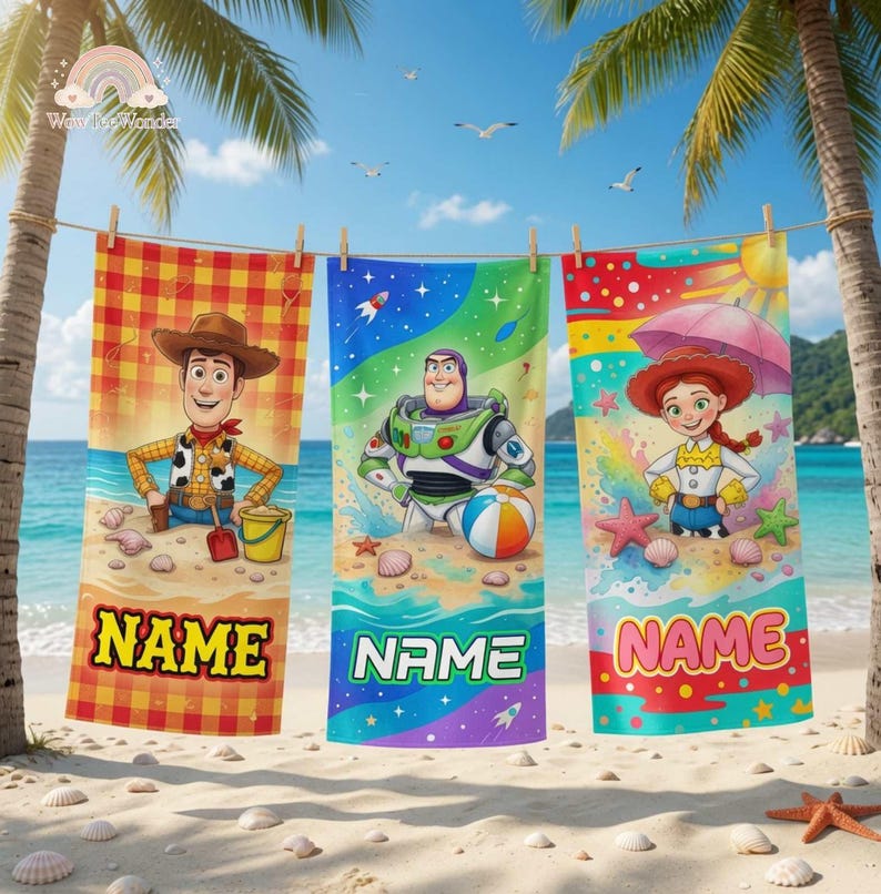 Custom Toy Story Beach Towel, Personalized Pixar Cartoon Kids Beach Towel, Woody Buzz Lightyear Summer Towel image 2