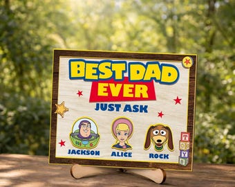 Best Dad Ever Toy Story Frame, Personalized Father’s Day Gift For Dad, Custom Kids Names Plaque, Toy Inspired Family Decor,Dad Keepsake Si