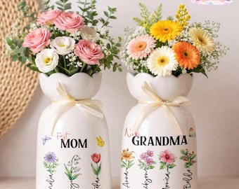 Custom First Mom Now Grandma Ceramic Flower Vase,Mothers Day Gift,Grandmas Garden Vase,Birth Month Flower Vase,Birthday Gift for Mom Nana