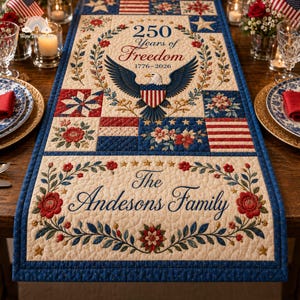 May include: A patriotic table runner with a cream background and blue border. It features a central design with an eagle, the text "250 Years of Freedom 1776-2026", and floral and star patterns. The bottom reads "The Andersons Family".