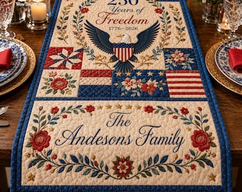 Personalized Patriotic Eagle Faux Quilt Table Runner, America 250th Anni Tablecloth, America 250 Years Decor, Independence Day Dining Decor