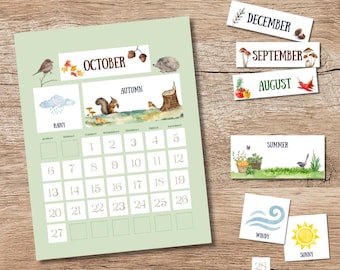 Calendario perpetuo a tema animali, Waldorf, scuola all'aperto, Charlotte Mason, Montessori (download digitale)