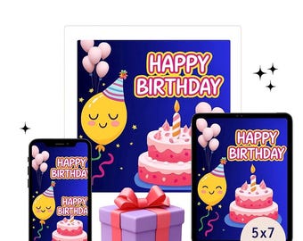 Tarjeta de cumpleaños digital de pastel rosa / Tarjeta de felicitación de cumpleaños imprimible para niños, descarga instantánea