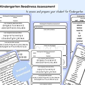 May include: A collection of printable Kindergarten Readiness Assessment worksheets. The worksheets include sections for recognizing uppercase and lowercase letters, counting, and identifying colors and shapes. The text "Instant Download" is visible on a light blue circle.