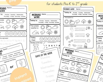 PreK-2nd Grade Morning Worksheets: ELA, Math, Fine Motor Skills (Printable Download