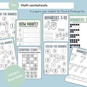 May include: A selection of math worksheets for Pre-K and Kindergarten children. The worksheets include activities such as colouring numbers, counting stars, and tracing numbers. The image features the text "70+ Math worksheets" and "Instant Download".