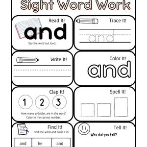 May include: A white worksheet titled "Sight Word Work" with the word "and" featured in various exercises. Includes sections for reading, tracing, writing, coloring, clapping syllables, spelling, and finding the word. Designed for early literacy practice.