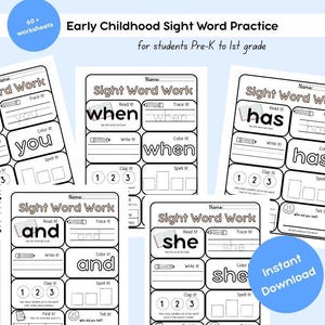 May include: A collection of printable sight word worksheets for early childhood education. The worksheets feature words like "you", "when", "has", "and", and "she", with sections for reading, tracing, writing, and coloring. The image includes a blue circle with the text "Instant Download".