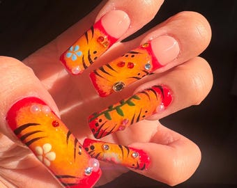 Y2K Orange + Red Press On Nails