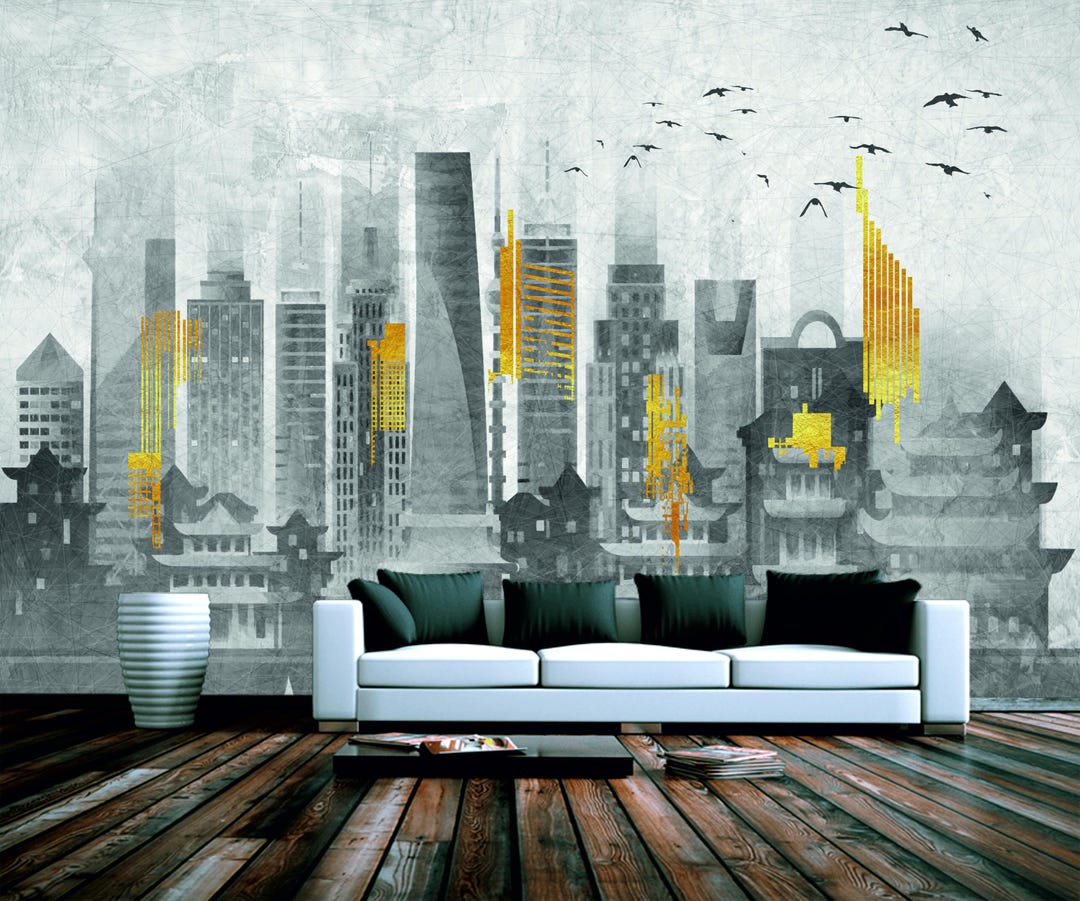 Image showcasing Cityscape Wallpaper Mural: Modern City View Wall Decor - Etsy
