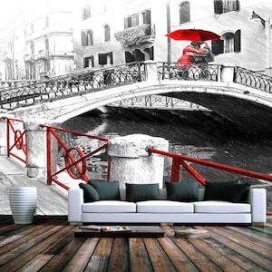 Venetian Romance Wallpaper: Couple Under Umbrella, Black, White & Red