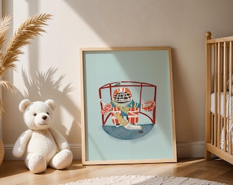 Ice Hockey Wall Art - Playroom Wall Decor, Printable Sports Animal Wall Art,  Blue Kids Room Decor