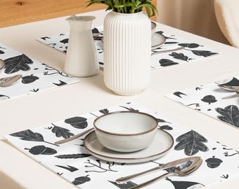 Botanical Placemats Set of 4: Black and White Forest Leaves & Acorns